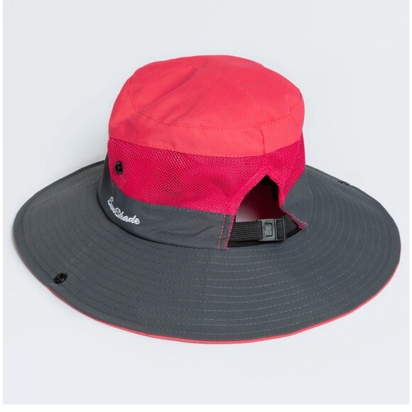 Sun Shade Womens Beach Bucket Hat Ponytail Hole Outdoor Adjustable Strap - Picture 1 of 5